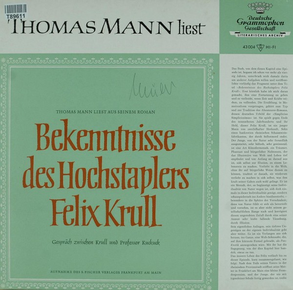 Thomas Mann: Thomas Mann Liest Aus Seinem Roman Bekenntnisse Des Hoch